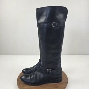 Frye Boots Womens Size 7.5 B Black Leather Knee High Riding Buckle Tall Mexico
